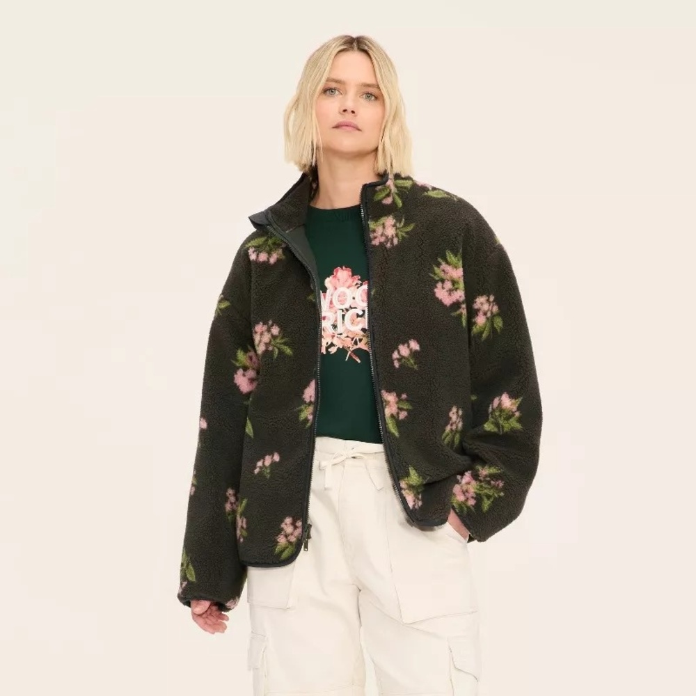 Woolrich x Target Adult Unisex L / Large Floral Zip-Up Fleece Jacket Olive Green - Picture 2 of 7